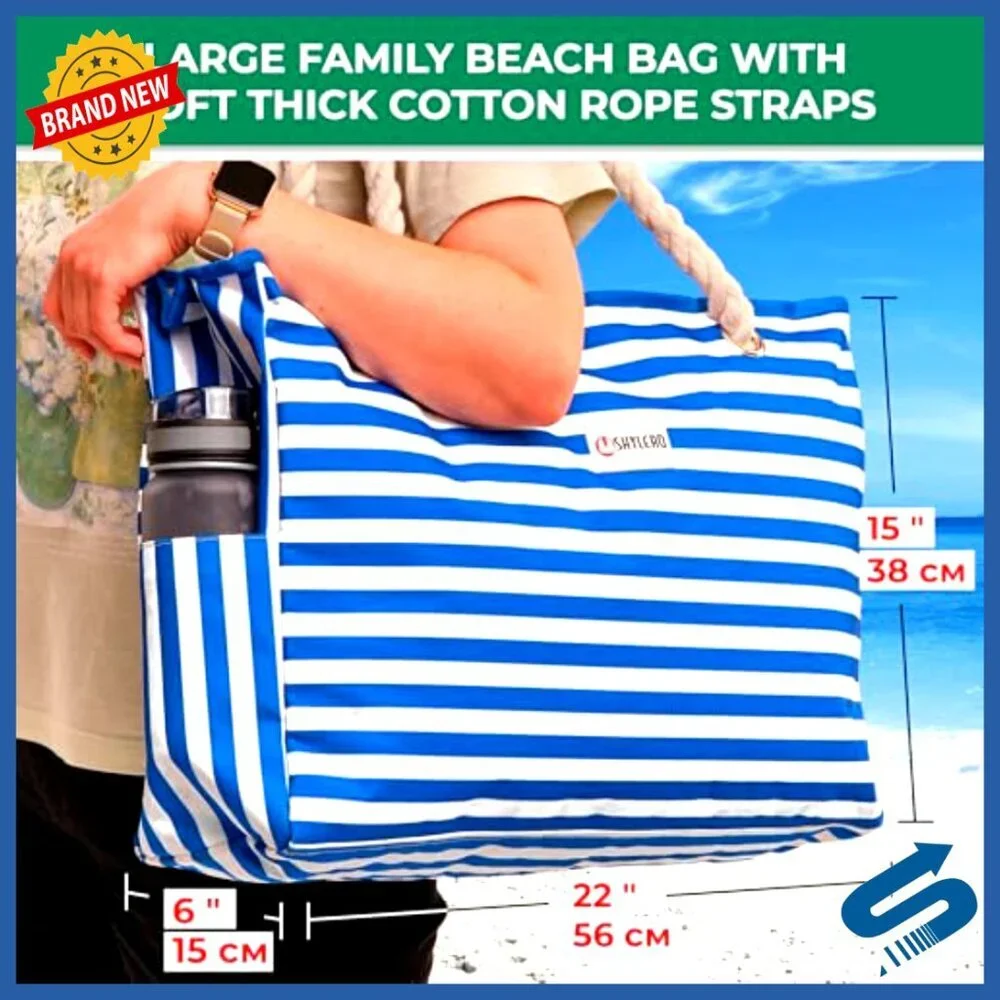 Water Resistant Tote Bag with Zippered Compartments Roomy Family Size Beach Pool